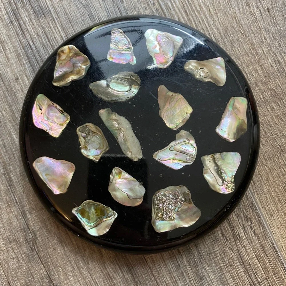 Unique Designs Abalone Shell Resin Trivet Hot Plate Black Round Vintage USA Made